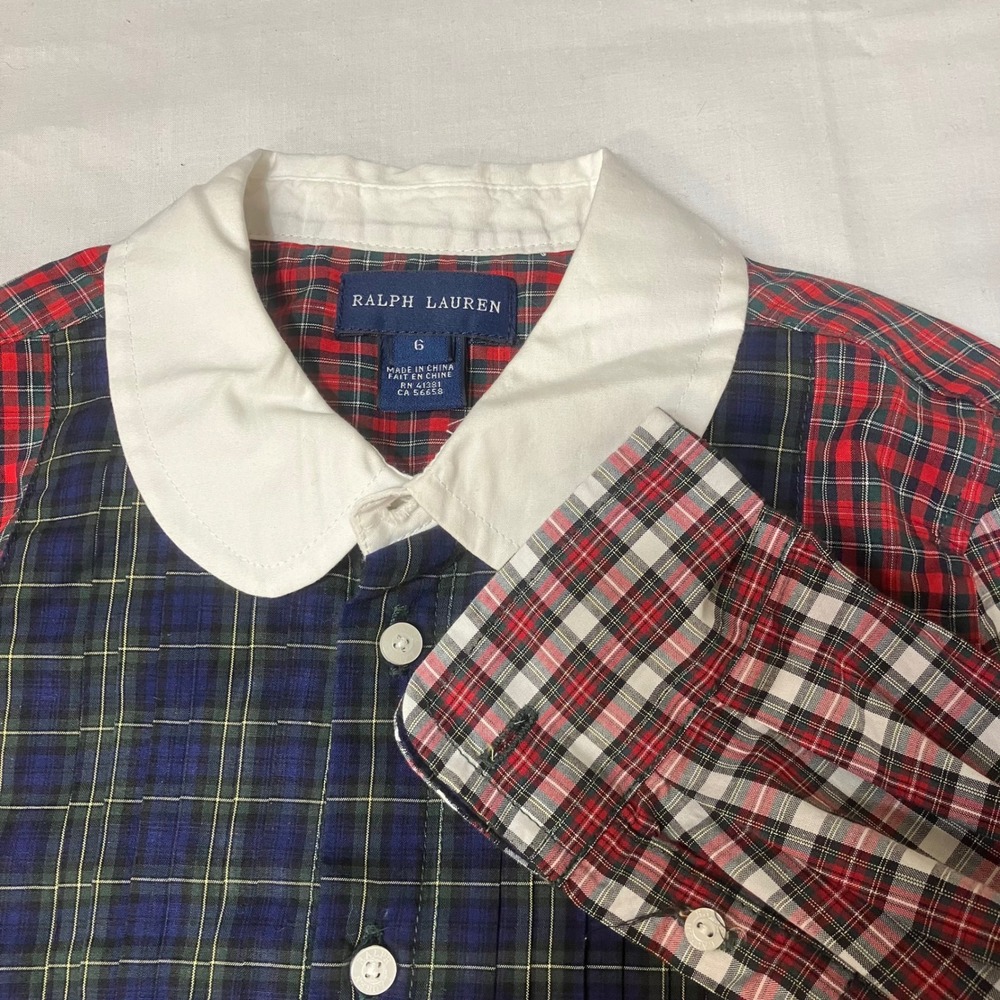 Ralph Lauren Kids Girls 6 Plaid Patchwork Dress Red Navy Peter Pan Collar Cotton